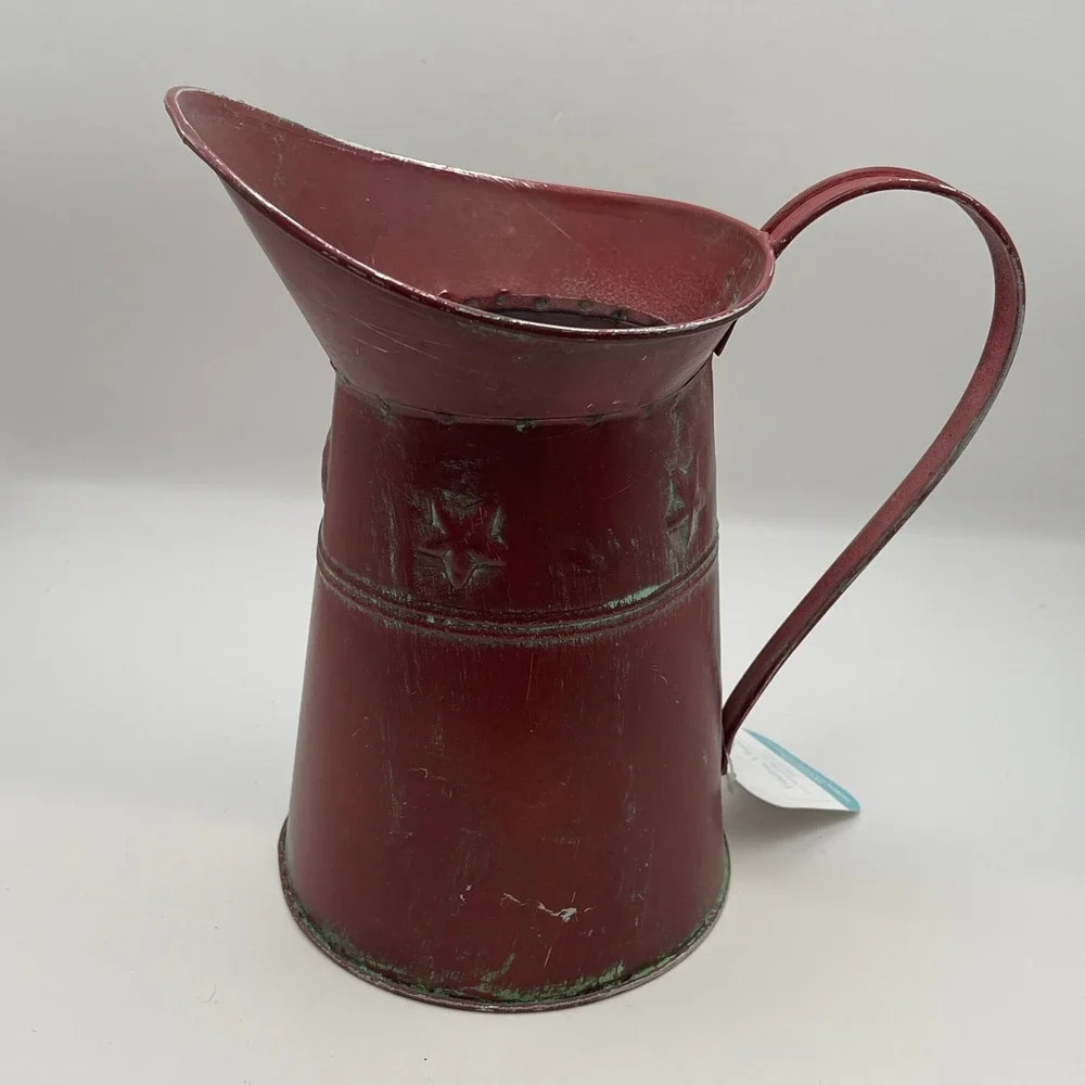 Rustic Red Metal Pitcher Vase Distressed Farmhouse Star Embossed Decor GM8789